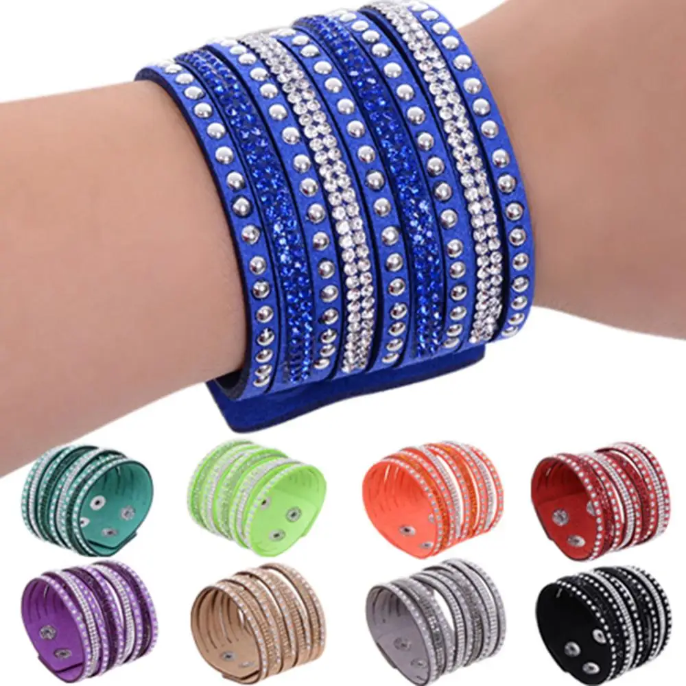 Bracelet Gift Women\'s Multilayer Rivet Rhinestone Velvet Cuff Bangle Wristband Gift