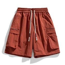 Pantalones de chándal elásticos de cintura alta para hombre, ropa de oficina con bolsillos y cremallera, pantalones cortos Vintage, vendaje de gasa, Color sólido, informal, Verano