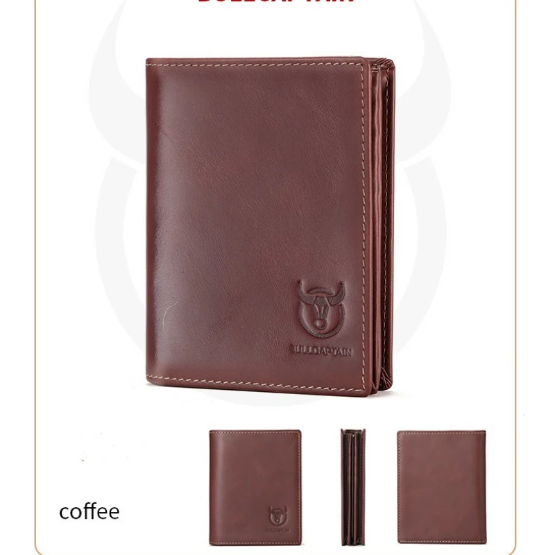 Short Vertical Genuine Leather Wallet, Anti-skimming Design, Top Layer Cowhide, Multi-card & Photo Page