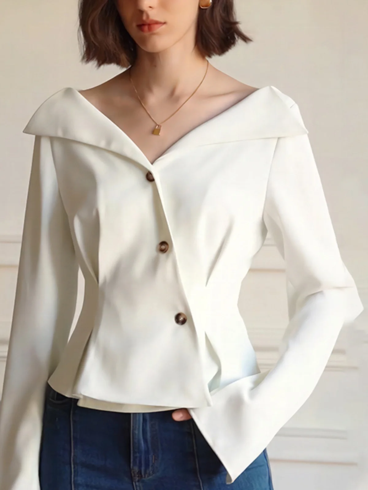 

Ele lectual Lady Long Sve irt Women's Autumn Winter Slim Fit Bell Sve Button up Collar White Casual irt