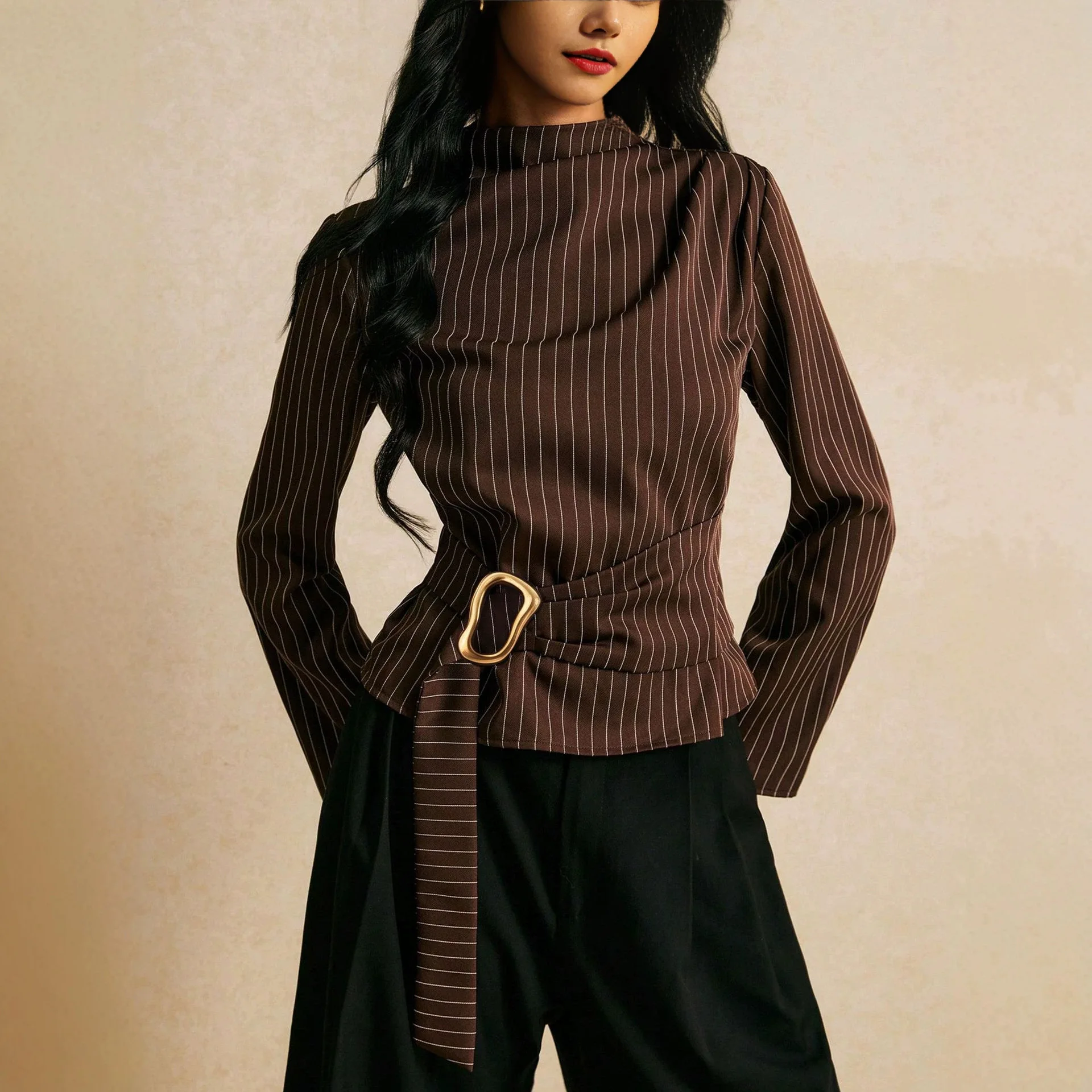 2026 Women's T-Shirt Clothes Woman Clothing Top High-Neck Vintage-Style Long-Sleeve Flare-Sleeve Top with Metal-Accent Lacing