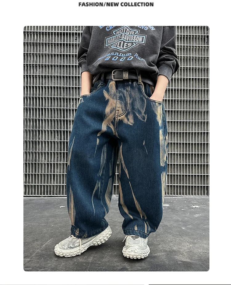 Kinder-Graffiti-Jeans für Jungen, Frühling und Herbst 2026, Neue Teenager-Jungenhosen, Lässige Weite Hosen mit Geradem Bein – Detail 7