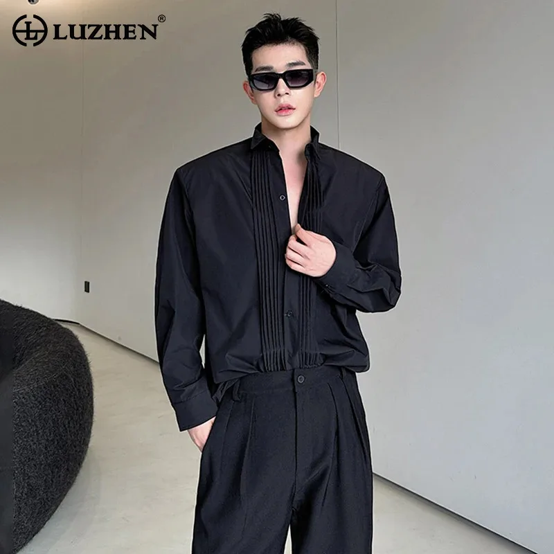 

LUZHEN Pleated Splicing Design Solid Color Elegant Long Sleeved Shirts Personality Trendy Autumn Korean Men's Street Tops LZ5168