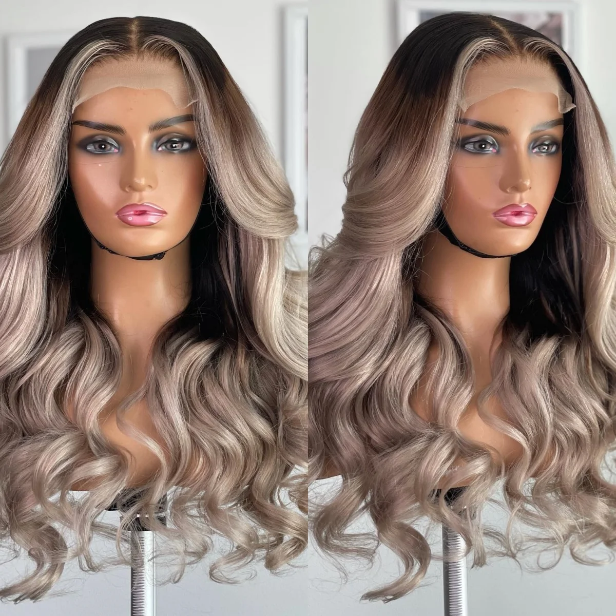 

Бесклеевые парики Светло-карамельно-коричневые синтетические кружевные фронтальные парики с темными корнями, оригинальные заводские термостойкие волокна