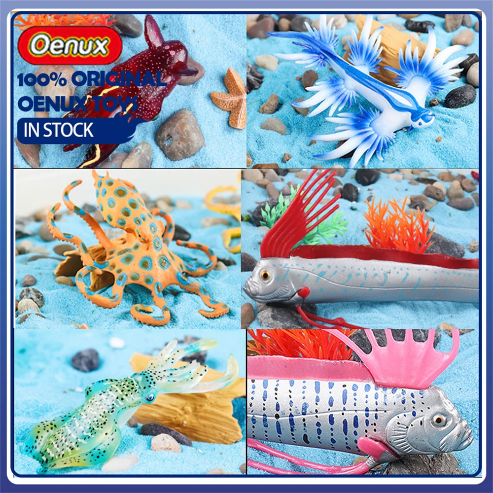 Oenux Realistische Blau-ringige Oktopus-Modelle, Gefleckter Tintenfisch, Perlenquallen, Vampir-Tintenfisch, Seeschlange, Ruderfisch, Meeres-Tiermodell-Kollektion