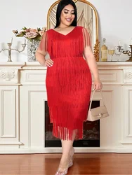 Large Size Red Tassel Dress Women V Neck Sleeveless High Waist Fringe Cocktail Evening Birthday Party Gowns Outfits Summer 2024