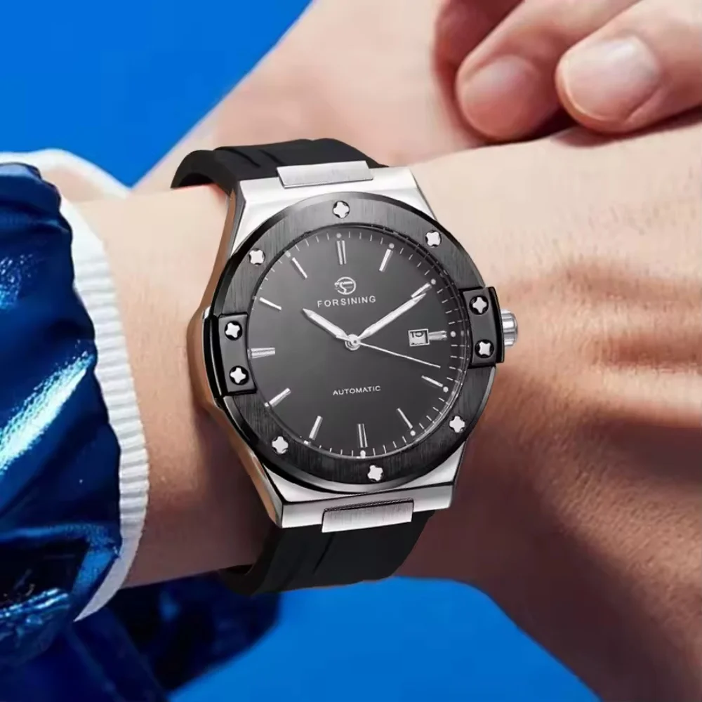 New Forsining Mechanical Watch for Men, Automatic Movement, Silicone Strap, Waterproof, Calendar Display, Fashionable Sports Men's Watch, Hot-Selling in Foreign Trade