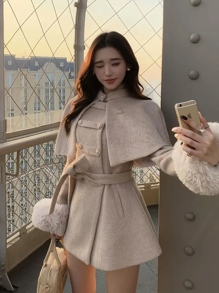 Slim Waist Quilted Wrap Coat Woolen Overcoat + Plush Patchwork Detachable Shawl Winter Noble Style 2 Pcs Sets Women Y2k Suits