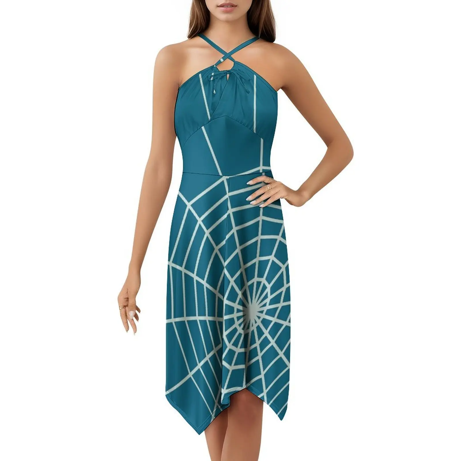 فستان ساحر للعطلات مثير على شبكة العنكبوت للنساء على الشاطئ وحفلات أعياد الميلاد فستان قصير مرسومة يدويًا على شبكة العنكبوت فن العناكب المنزلية للسيدات