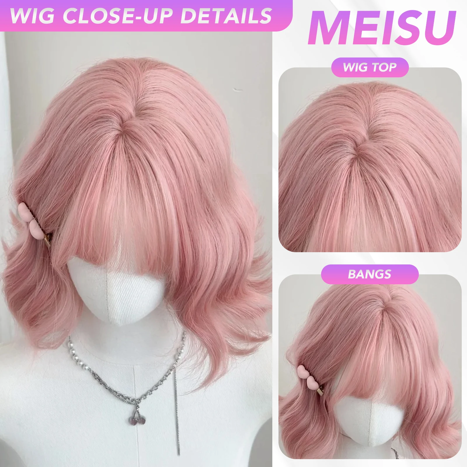 MEISU 10 بوصة قصيرة الوردي شعر مستعار الاصطناعية موجة شعر مستعار مجعد الطبقات الألياف مقاومة للحرارة حفلة أو Selfie أو تأثيري للنساء