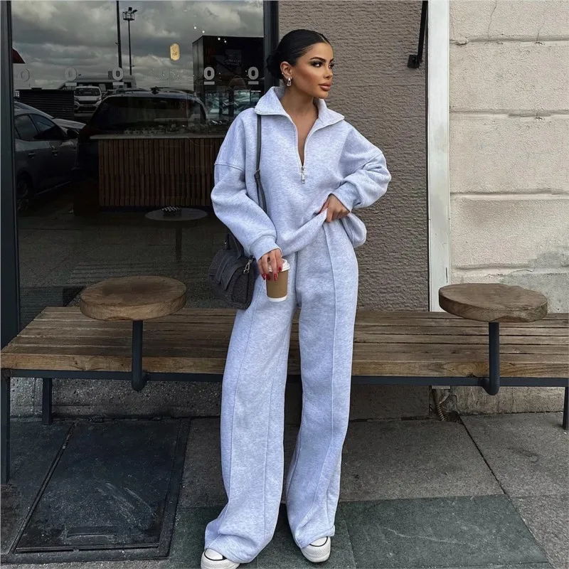 

Casual Sporty Winter Two-piece Set Stand-up Collar Pullover Top Long-sleeved Hoodie + Wide-leg Long Pants for Women's Sweatshirt