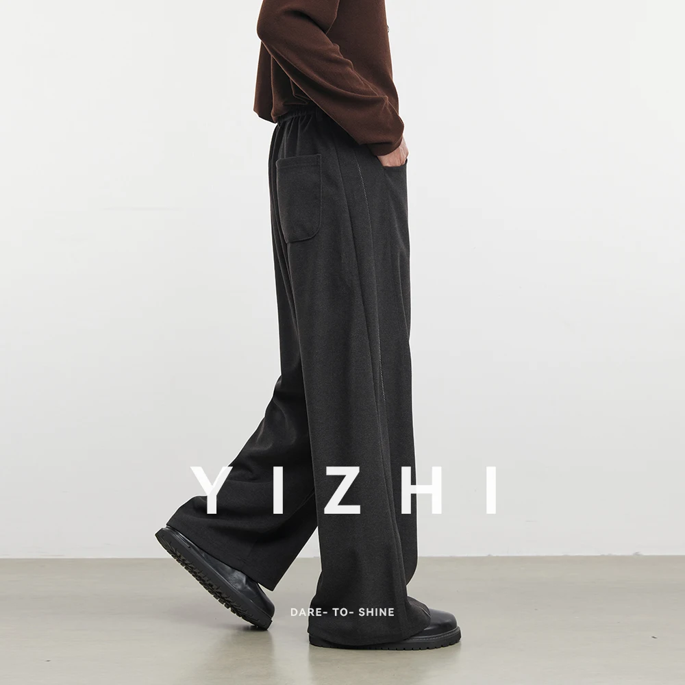 Moda masculina 430g pesado velo-forrado calças casuais americano cor sólida calças de perna larga masculino 2025 inverno commuter calças