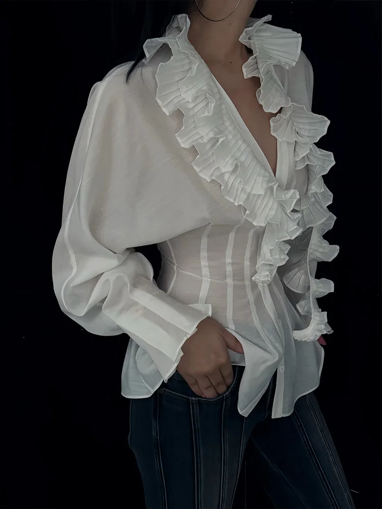 

LEDIM WANG Women's Long Sleeve Shirt Summer New Style Luxury Ageless Fashionable Lace Trim Original Design Slim Fit V-neck