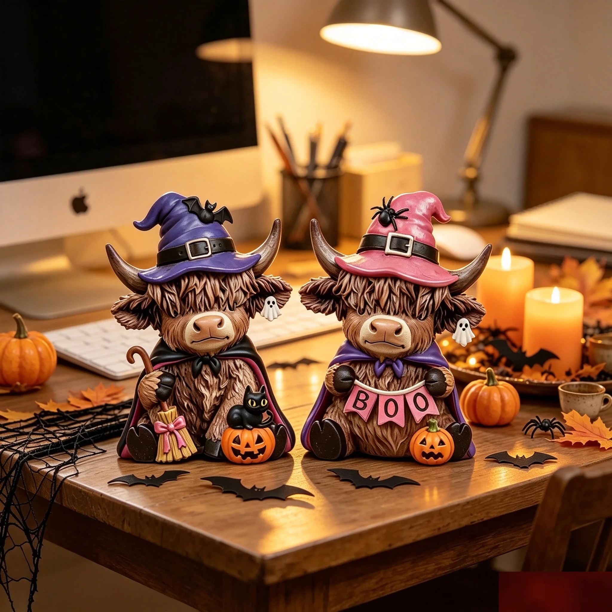 2-piece set of Halloween decoration Highland cow ornaments, pink Highland cow wooden tabletop decoration, cow statue with skull hat, suitable for living room, bedroom, fireplace mantel, and desk decoration