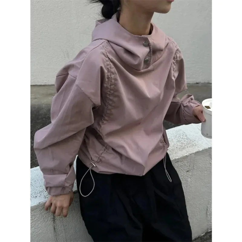 

Hooded Dstring Design Windbreaker Sweatirt Anti-Wind Jaet Casual Loose Fit Long Sve T-irt