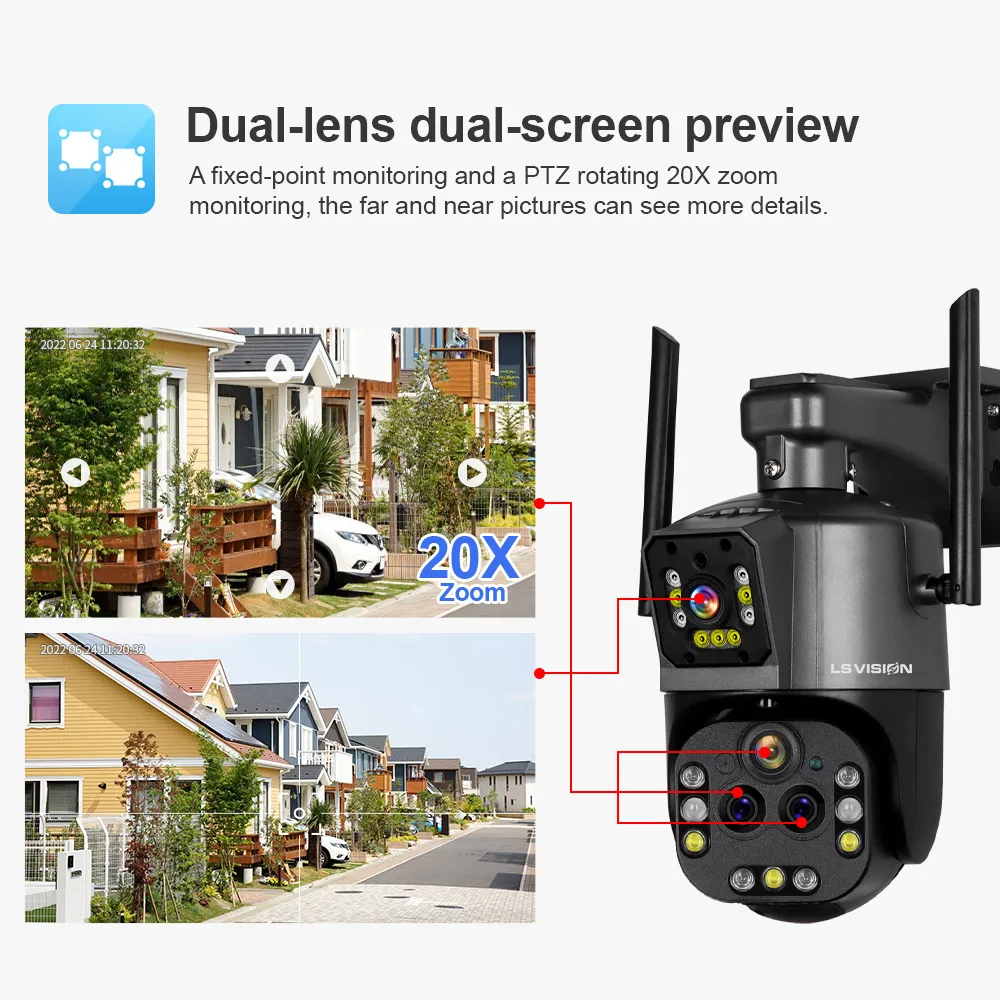 LS VISION 4K IP Camera Outdoor WiFi PTZ Dual Screen 20X 10X Optical Zoom Auto Tracking Waterproof Security CCTV Cam 5m Cable