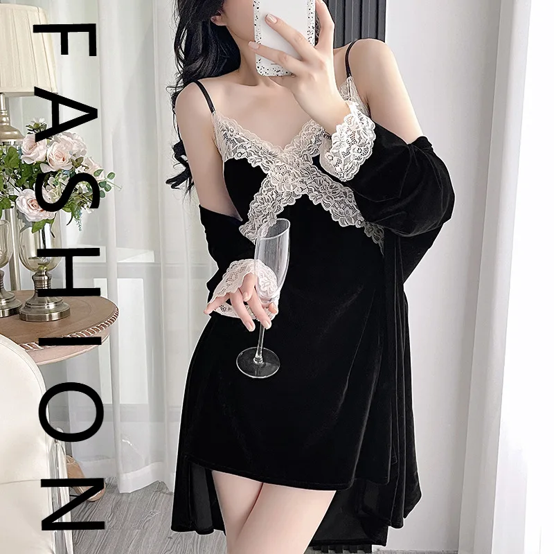 

Золотая бархатная пижама женская осенне-зимняя чистое желание комплект с длинными рукавами весна и осень сексуальное кружево с подвеской на груди