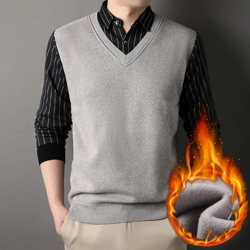 Male Fleece Pullover Men\'s Polo Collar Sweater Autumn Winter Knitwear Stripe Sweaters Thick Warm Khaki Korean Clothing