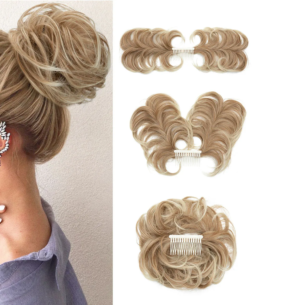 European and American messy and realistic fluffy short curved bun head, high-temperature fiber hair bun, wig loop, hair