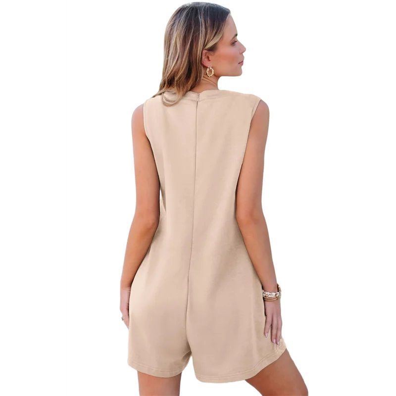 

Women's Summer Loose Sleeveless Pleated Front Tie V Neck Jumpsuit-A55G