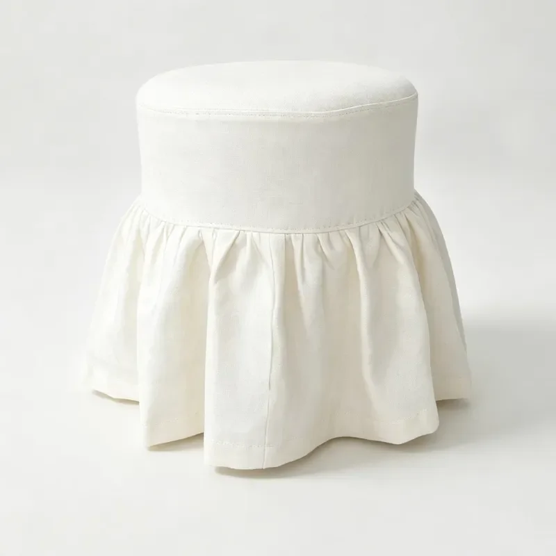 Round Linen Footstool With Frilly Skirt Cream Fabric Ottoman For Bedroom Living Room Decorative Soft Seat Cushion Home
