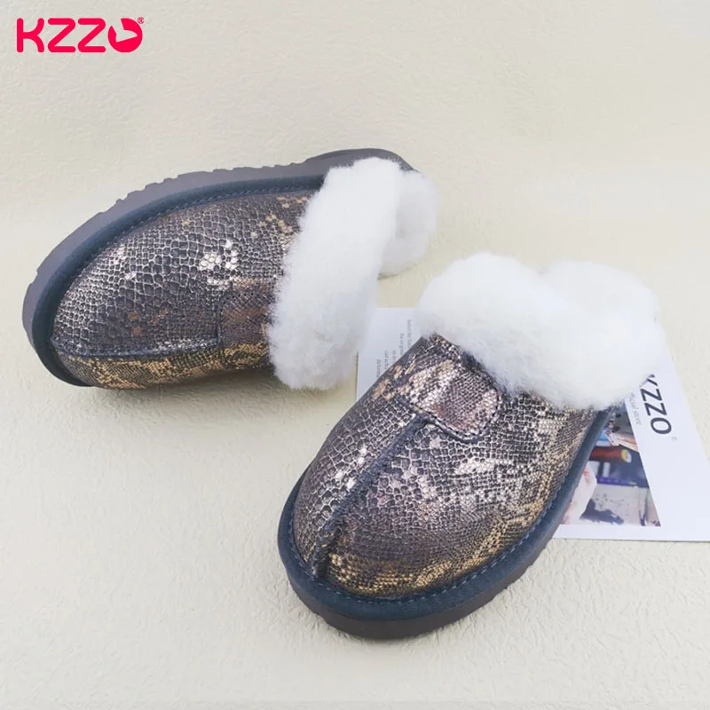 KZZO New Arrive Genuine Leather Slippers Fashion Female Winter Slippers Women Warm Indoor Slippers Soft Wool Lady Home Shoes