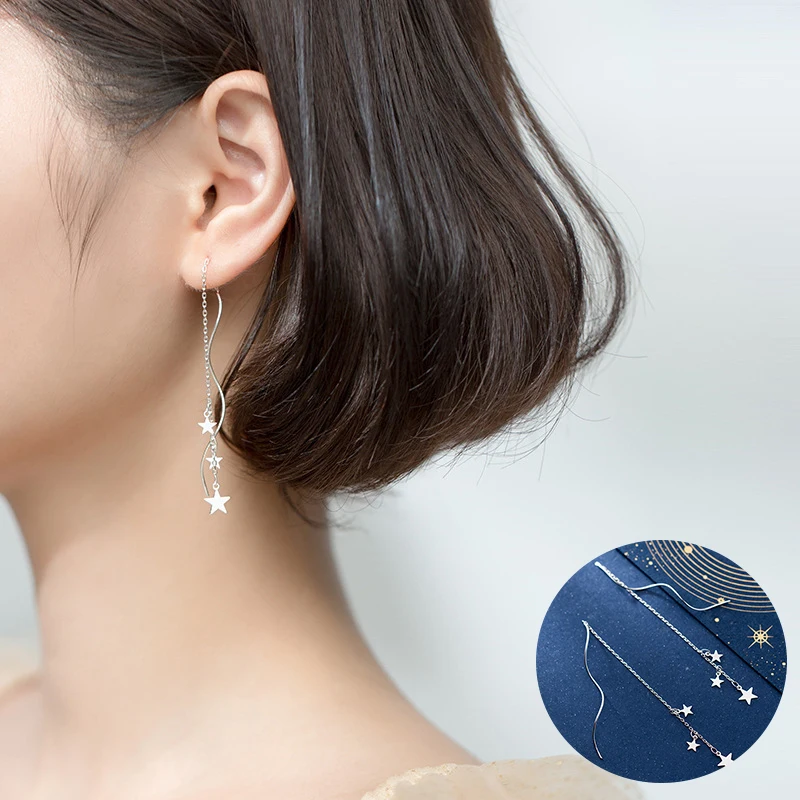 

100% 925 Sterling Silver Star Earrings for Women Girl Fashion Wave Long Tassel Chain Design Jewelry Party Gift Dropshipping