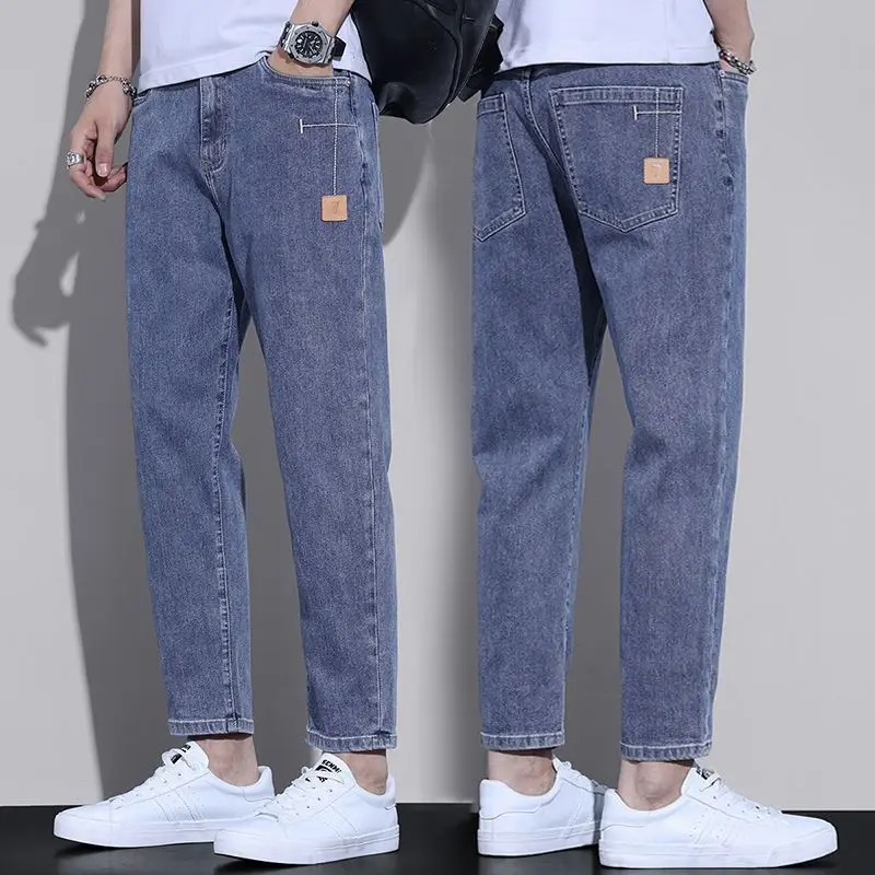 

Slim Fit Straight Leg Jeans Men's Casual Long Pants Elastic Waist Side Pocket Autumn Trendy Brand Jeans Youth Fashion