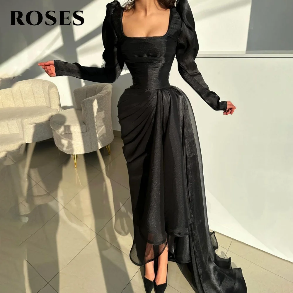 

ROSES Black Elegant Party Dresses Square Collar Night Dress with Pleats Trumpet Full Sleeve Celebrity Dress for Woman Customized