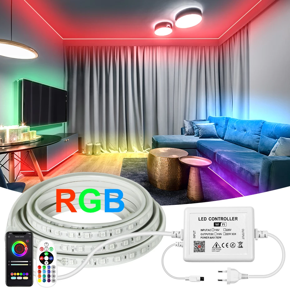 

220V LED Strip Light 5050 RGB Dimmable Waterproof Flexible Tape Tuya Smart WiFi Bluetooth Remote Control 1-100M Work with Alexa