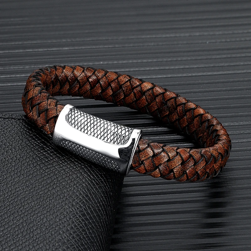 MKENDN Punk Style Men Retro Woven Genuine Leather Bracelet For Women Vintage Stainless Steel Dragon Scale Magnet Clasp