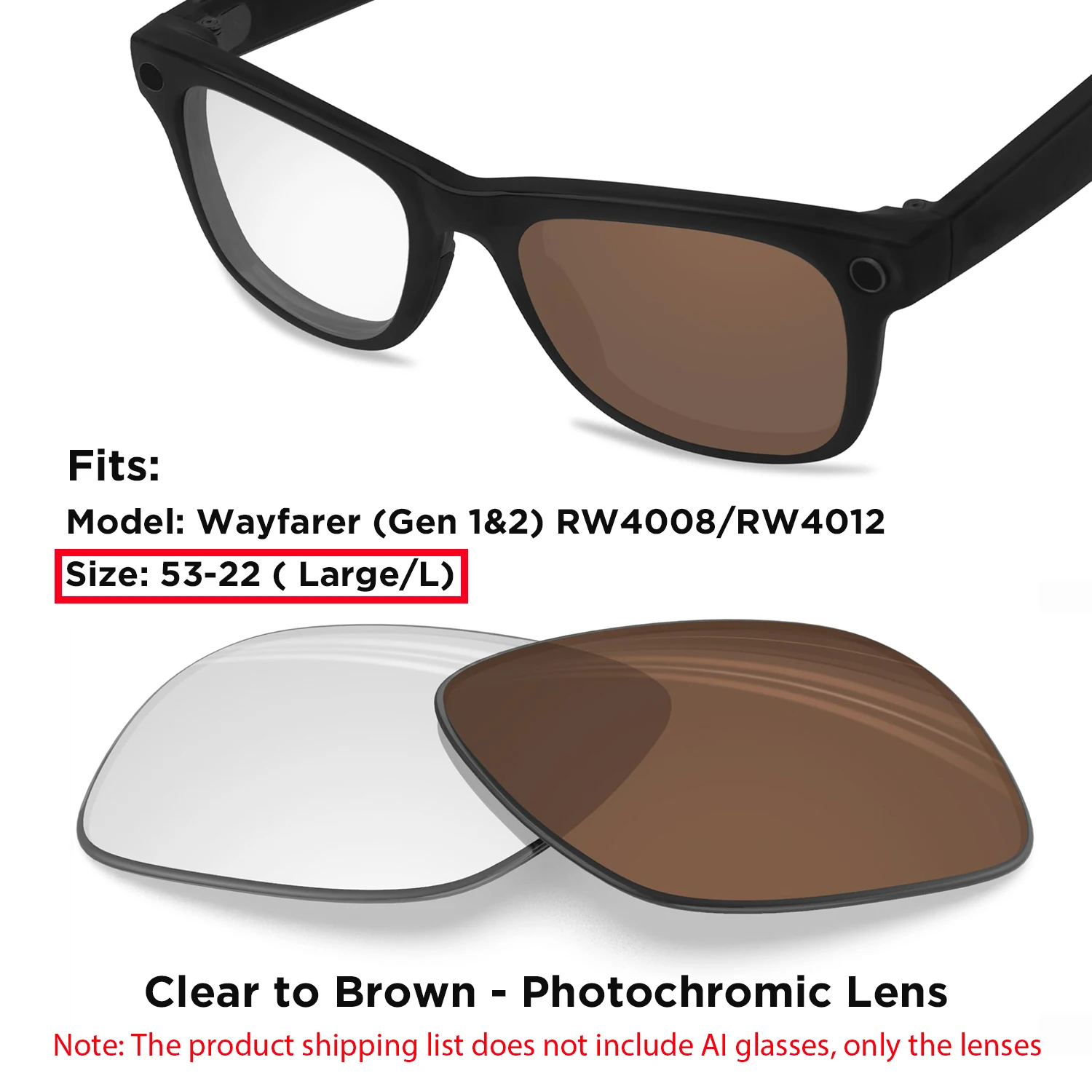 Photochrome und polarisierte Ersatzgläser für Ray-Ban Meta Wayfarer RW4006 / RW4008 / RW4012 Gen1/2 AI Smart Glasses Lens