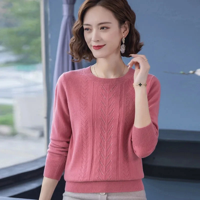 

Middle-aged Mother Sweater Knitwear Women Sweaters 2024 New Spring Autumn Long Sleeve O-neck Diamond Knitted Pullovers Femme