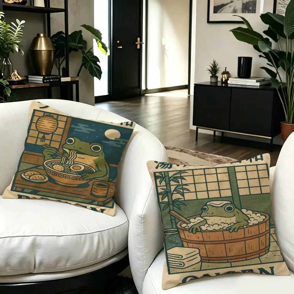 Retro Japanese Funny Frog in A Bathtub pillow cover sofa cushion cover home room decoration children gift