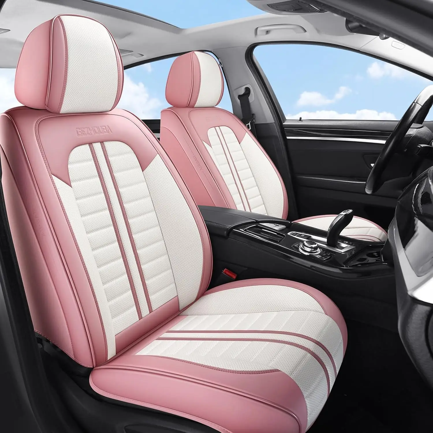 

Automotive Interior Protection, Waterproof Leather, Pink White, Luxury Heavy Duty Full Set Seat Covers