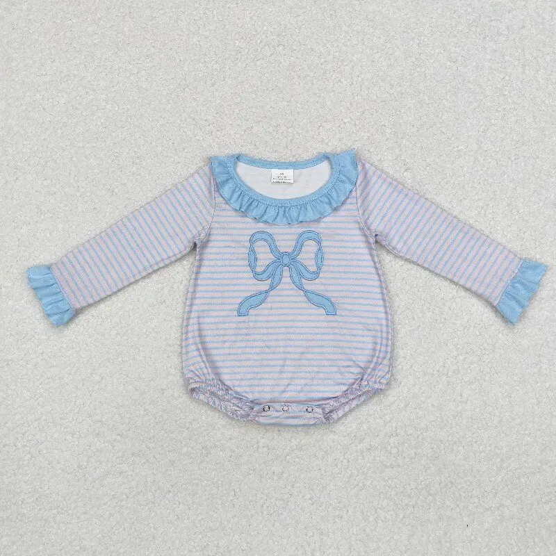 

8.18y Winter Girls Baby Romper Wholesale Embroidered Blue Striped Bow Pattern Lace Pink Legless Long Sleeve Onesie