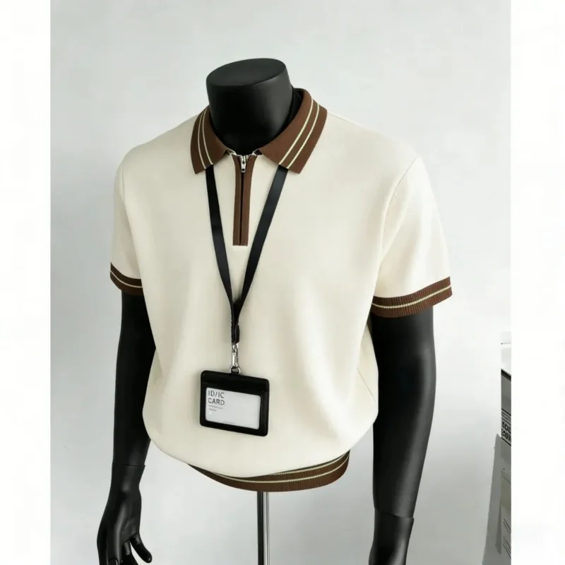 Men Luxury Color Block Collar Zip Polo Shirt Breathable Knit Patchwork Short Sleeve Casual Tops