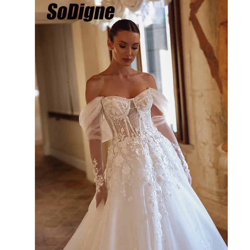 

SoDigne Tulle A-line Wedding Dresses Off Shoulder Appliques Bridal Dress without Gloves Bride Gown vestidos de novia Customized