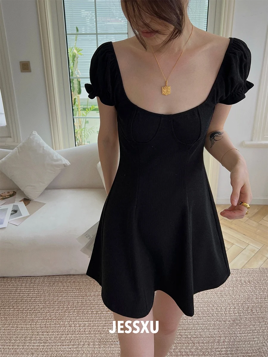 

Летнее женское платье JXu Slim Fit с коротким рукавом, вязаное, глубокого черного цвета, с завышенной талией, А-силуэт, для офиса и повседневной носки