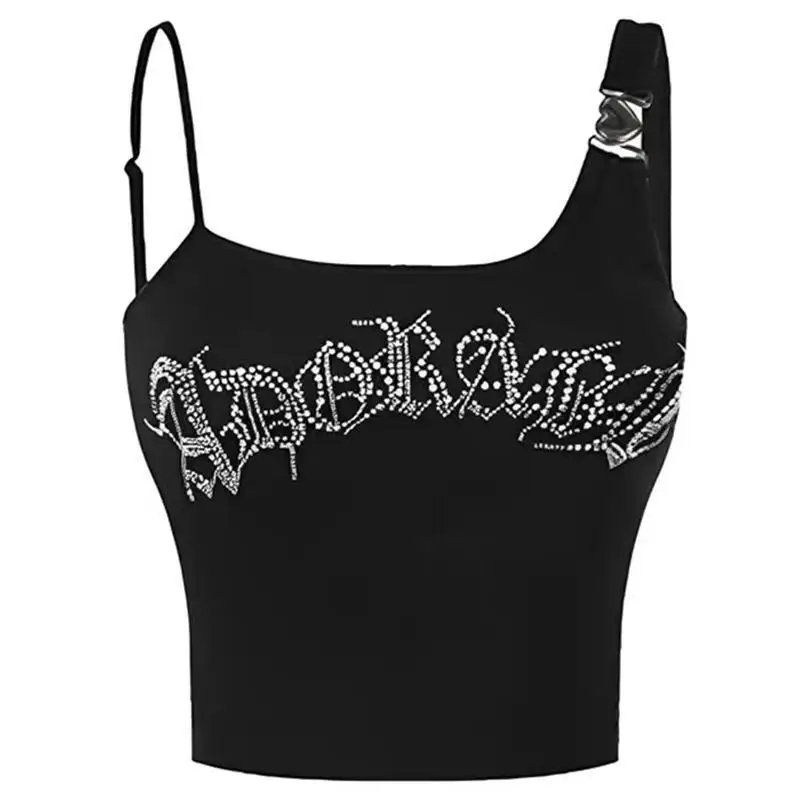 

Irregular Love Button Diamonds Y2k Crop Tops Sexy Tank Tops Women Summer Slim Streetwear Top T-shirt Black Gothic Tees Camis New