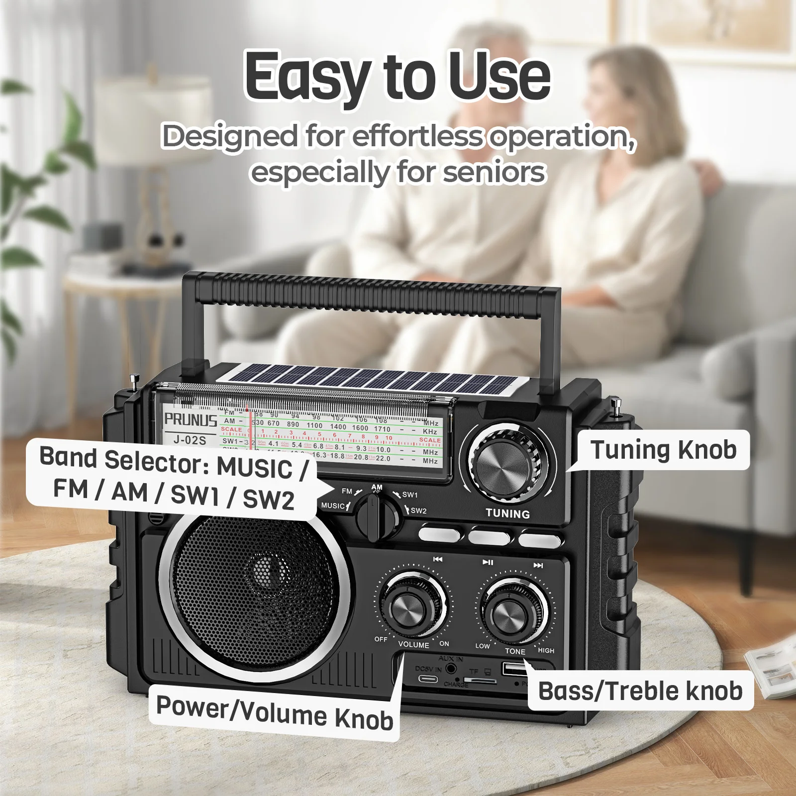 J-02S AM FM SWラジオ デュアルアンテナ ポータブル受信機、ソーラー