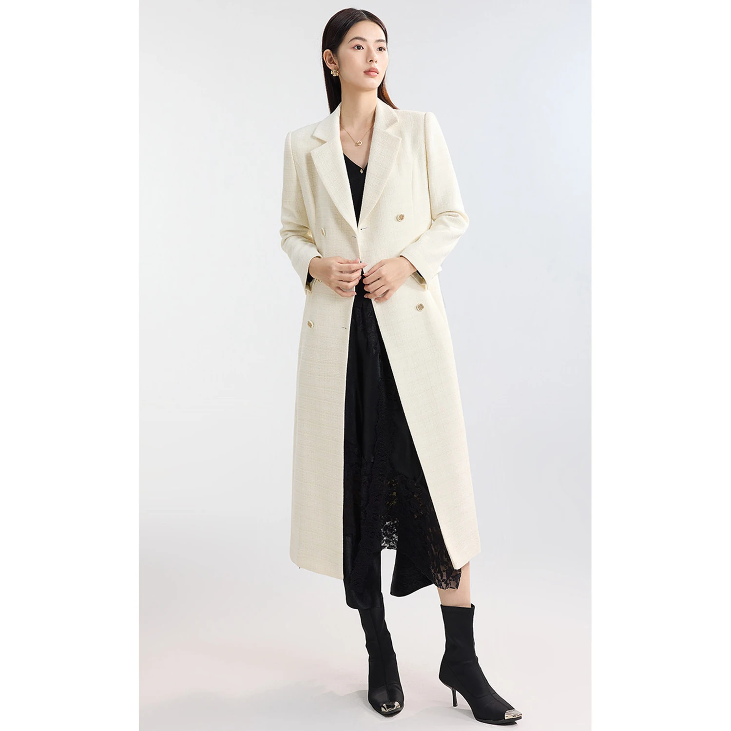Allingentle Ivory Women's Long Blazer Woolen Fashion Double-Breasted Jacket for Cocktail Party Daily Outfits Customize