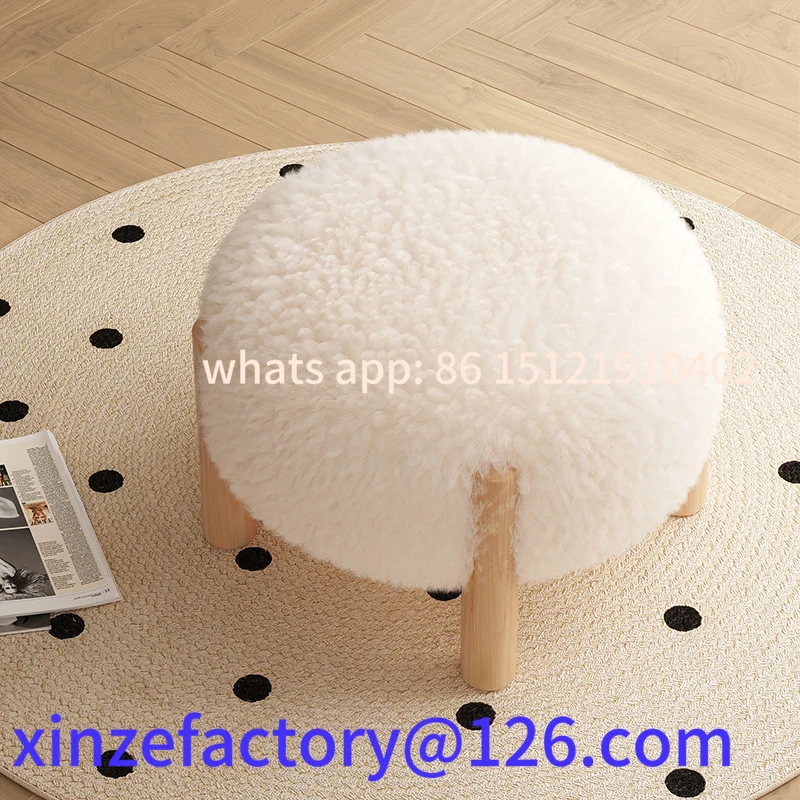 

Customizable Small Home Low Stool Soft Bag Cream Wind Solid Wood Stool Lamb Fleece Round