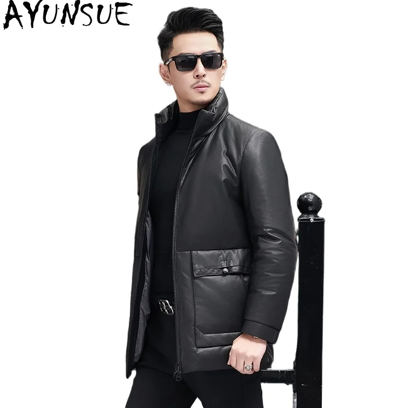 

AYUNSUE High-end100% Genuine Leather Jacket Man Winter Mid-length White Duck Down Coat Stand Collar Real Cowhide Leather Jackets