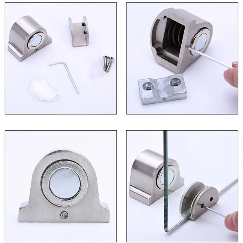 Magnetic Catch Latch Glass Door Hardware Stainless Steel Silver Hinge Latch with Clamp Clip Set for 10-12mm Thick Glass Door