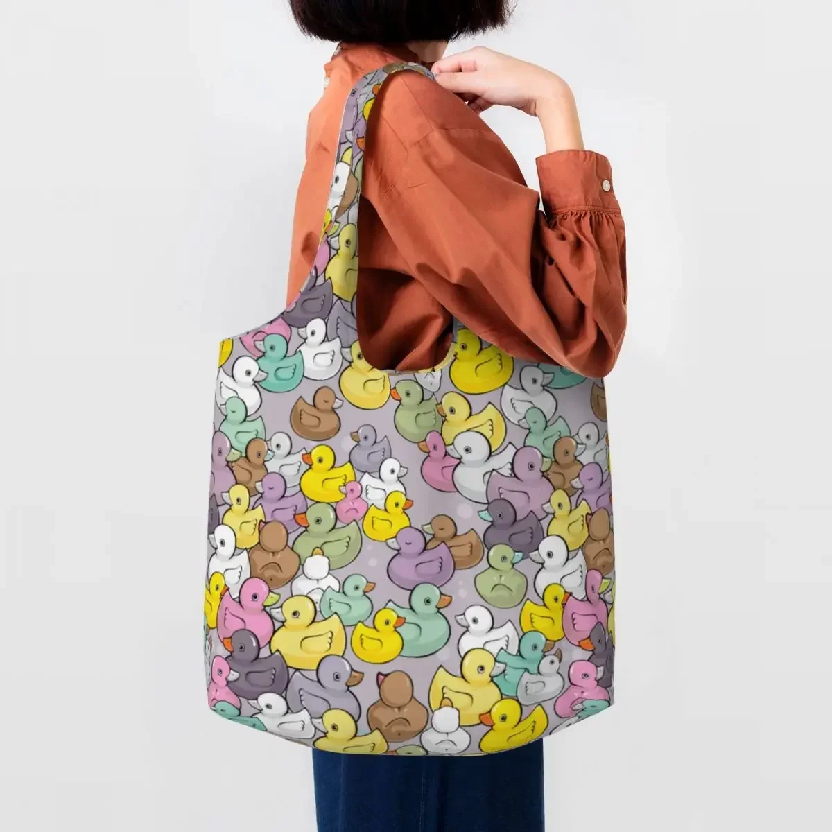 Bolso de mano para compras de comestibles con patos de bebé coloridos personalizados, bolsos de hombro de lona personalizados para mujer, bolsos de gran capacidad