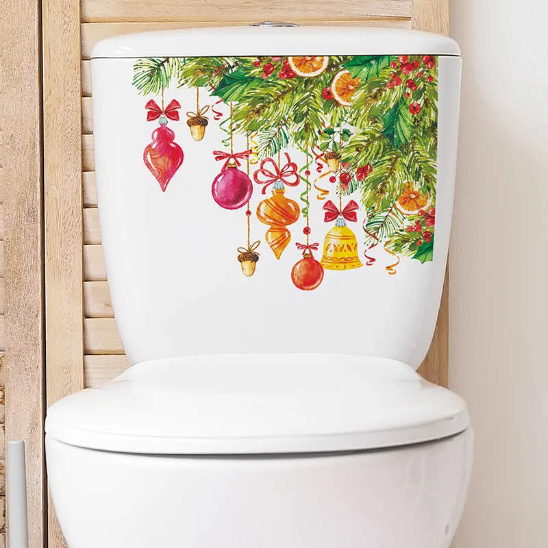 

Wall Sticker Christmas Tree Bell Ball Pinecone Bathroom Toilet Decoration Mural Decals Christmas Toilet Stickers Home Decor Wal