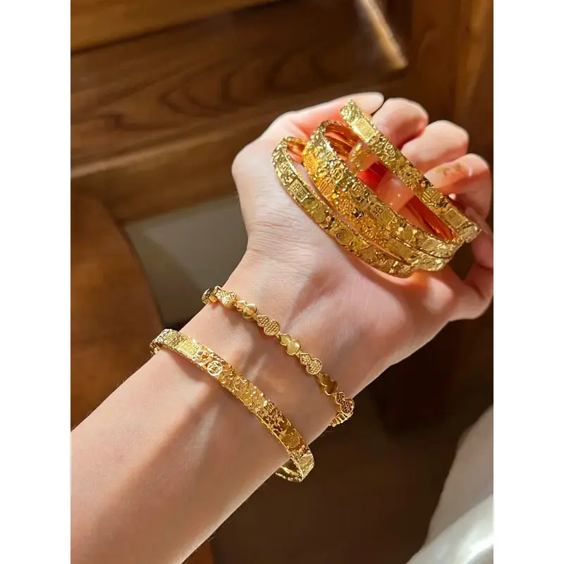 24k 999 gold bracelet with crushed ice texture, auspicious message bracelet for women, fortune-attracting, vintage new Chinese