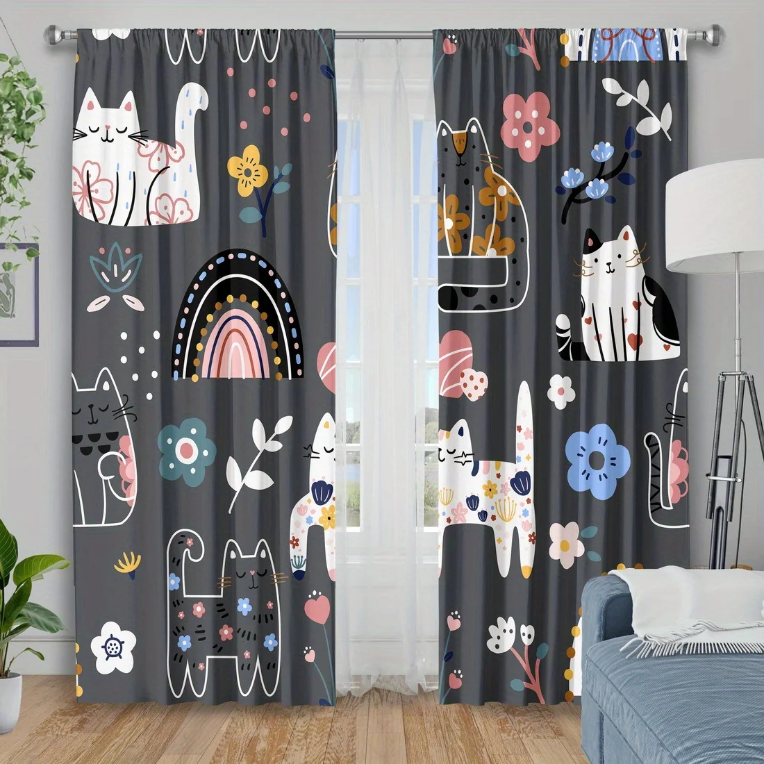 Cute Cat Curtains, Cartoon Animal Floral Graphic Window Drapes, Nordic Kids Room Decor Blackout Fabric for Girls Bedroom Nursery