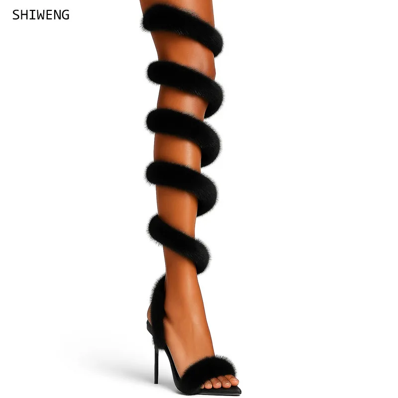 

2026 Sexy High Heels Fur Sandals Woman Twine Around Ankle Snake Party Shoes For Woman Summer Feather Modern Sandals Women 44